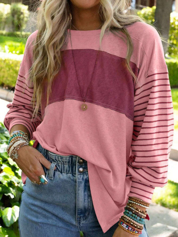 Calliope Pullover Round Neck Casual Striped Contrast Long-Sleeved T-Shirt