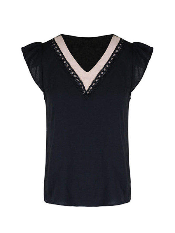 Calixta New Style Women's Casual Color Block V-Neck Top