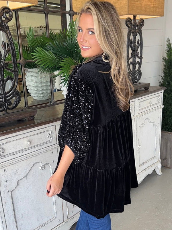 Bretta Women's V-Neck Long-Sleeved Buttoned Sequin Top