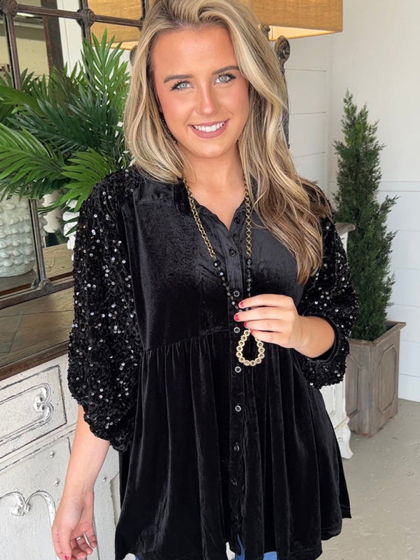 Bretta Women's V-Neck Long-Sleeved Buttoned Sequin Top
