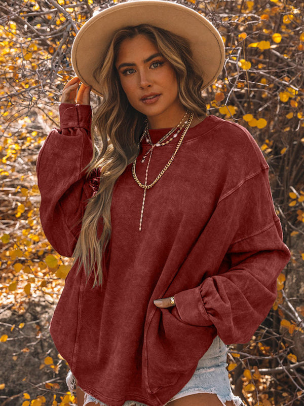 Bea Women's Simple Pullover Round Neck Loose Long Sleeve Top