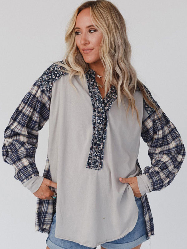 Raven Women's Round Neck Plaid Printed Loose Long Sleeve Top