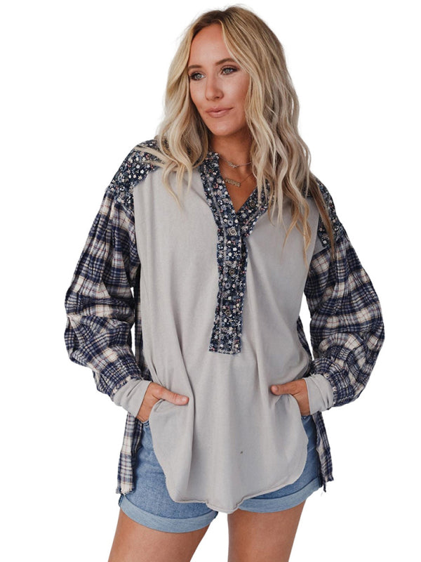 Raven Women's Round Neck Plaid Printed Loose Long Sleeve Top