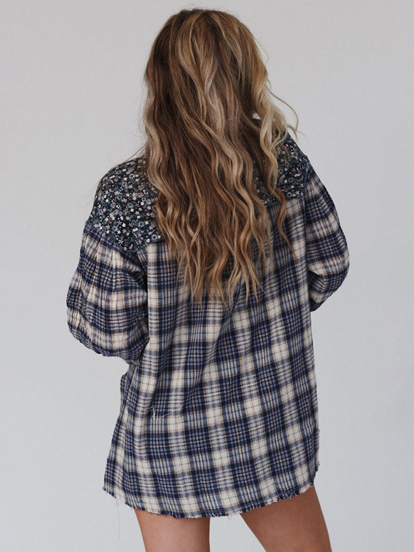 Raven Women's Round Neck Plaid Printed Loose Long Sleeve Top