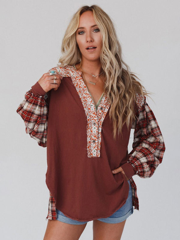 Raven Women's Round Neck Plaid Printed Loose Long Sleeve Top
