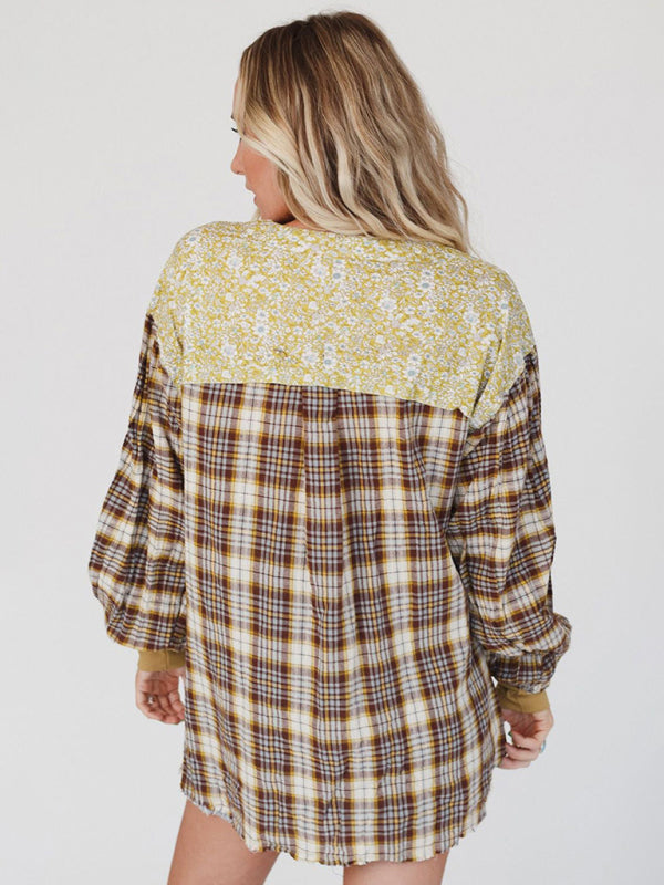 Raven Women's Round Neck Plaid Printed Loose Long Sleeve Top