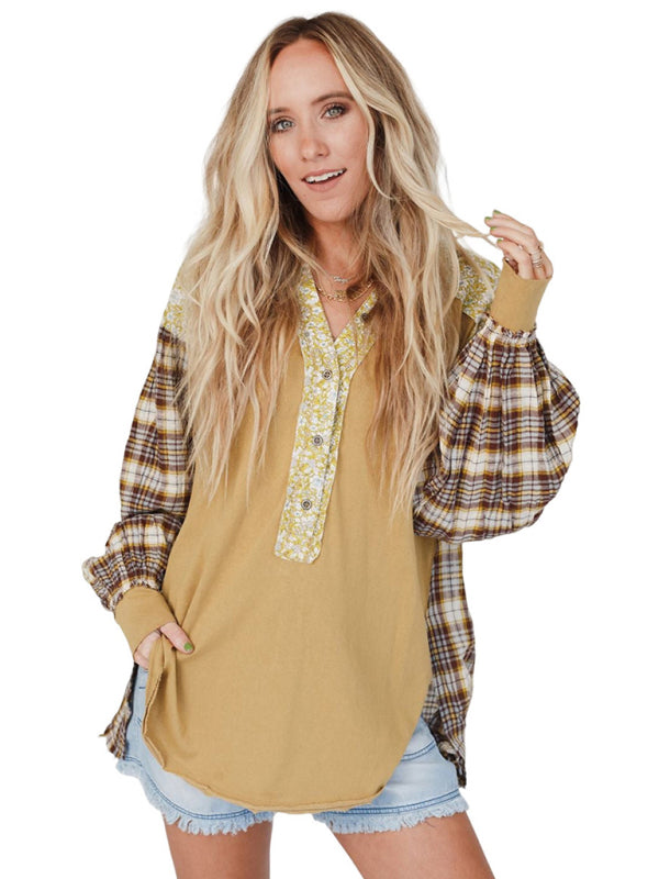 Raven Women's Round Neck Plaid Printed Loose Long Sleeve Top