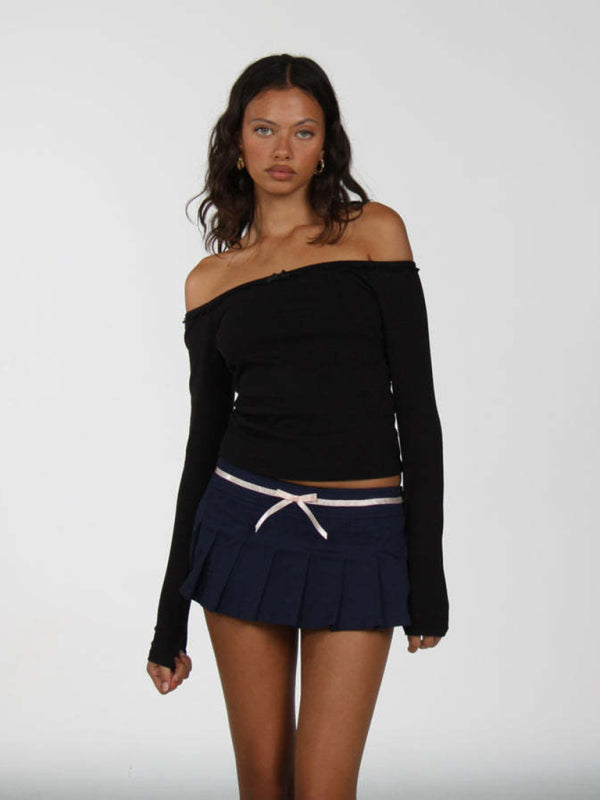 Emmaline New Women's Off-Shoulder Lace Bow Long-Sleeved T-Shirt