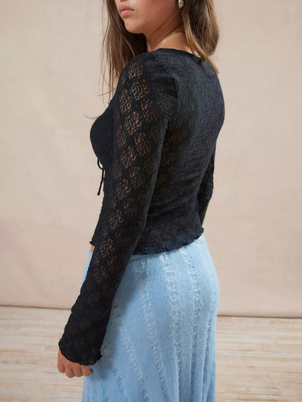 Antonella Sexy Slim Fit Lace Drawstring Long Sleeve Bottoming Shirt