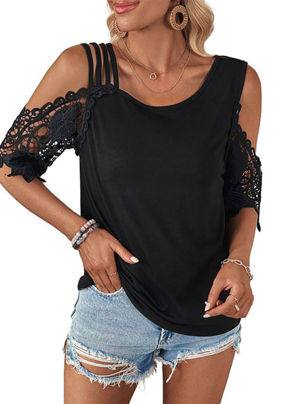Robin Women's Lace Patchwork Knitted Top With Off-Shoulder Sleeves