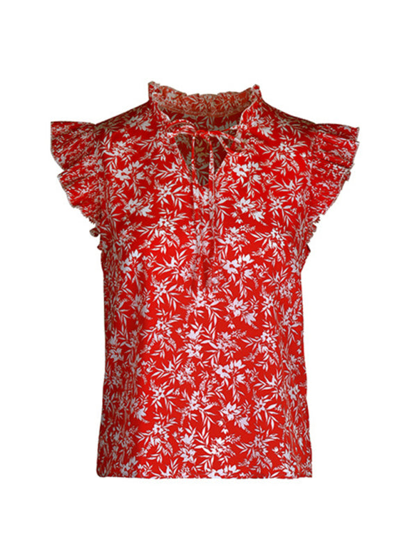 Elaina Women's New Red Printed Ruffled Short Sleeve Shirt
