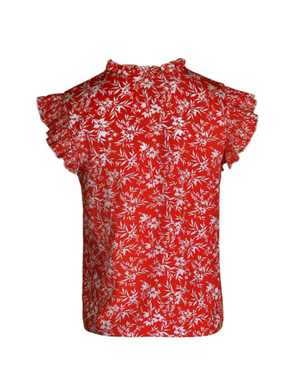 Elaina Women's New Red Printed Ruffled Short Sleeve Shirt