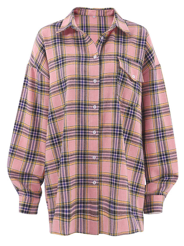 Drusilla Women's New Retro Classic Plaid Lapel Long-Sleeved Shirt