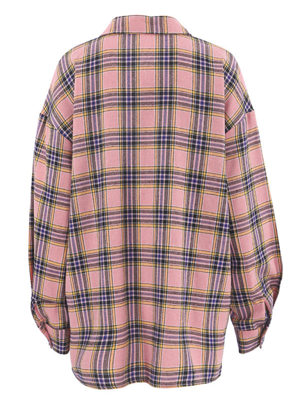 Drusilla Women's New Retro Classic Plaid Lapel Long-Sleeved Shirt