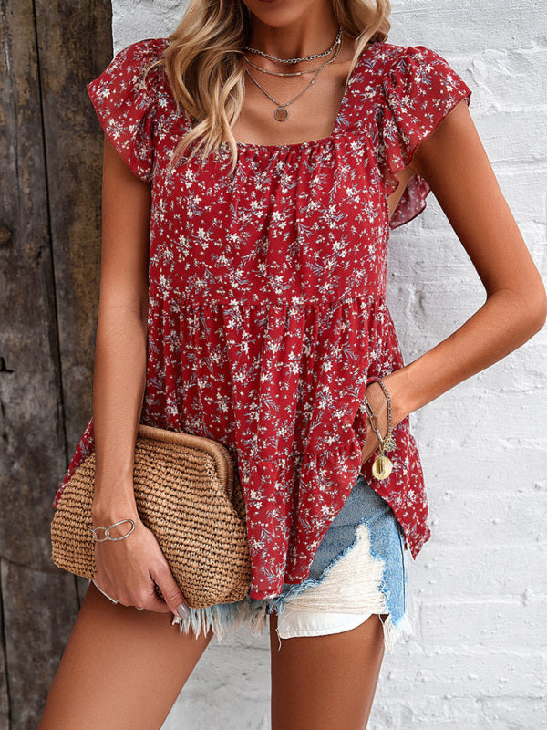 Nyla Women's Elegant Floral Square Neck Ruffle Top