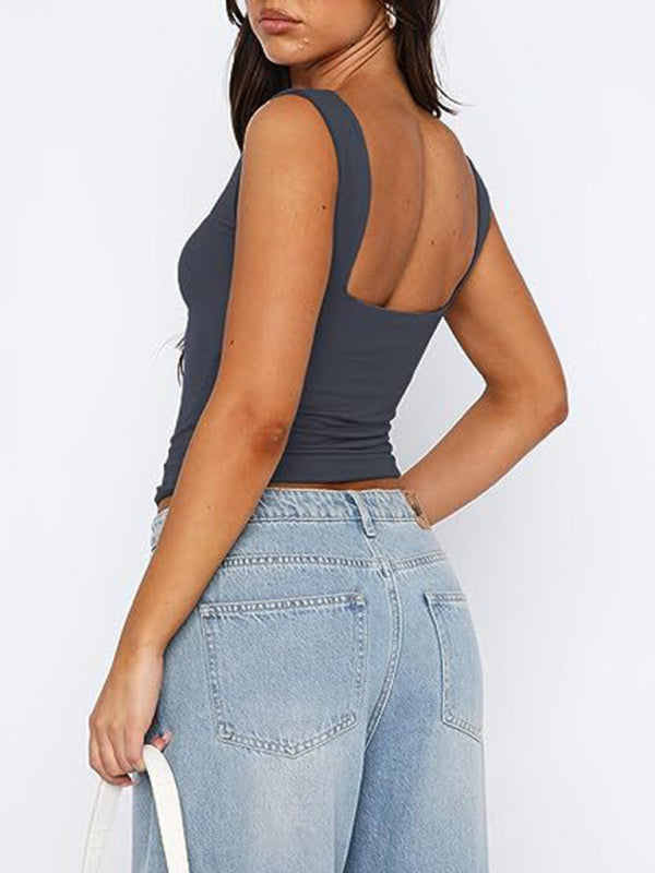 Quinnlyn New Solid Color Square Neck Double Layer Suspender Gathered Backless Vest