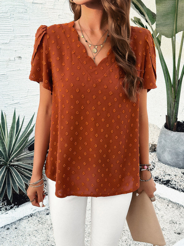 Dimitra Women's New Style Solid Color V-Neck Ruffle Sleeve Top