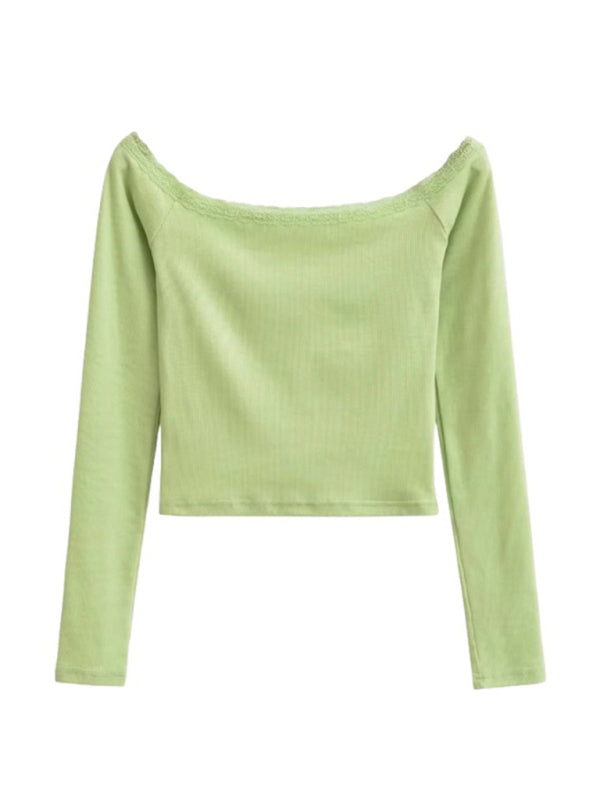 Ariya Women's Bateau Neck Lace Patchwork Long-Sleeved T-Shirt