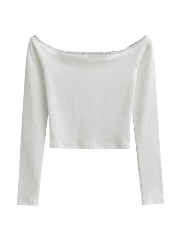 Ariya Women's Bateau Neck Lace Patchwork Long-Sleeved T-Shirt