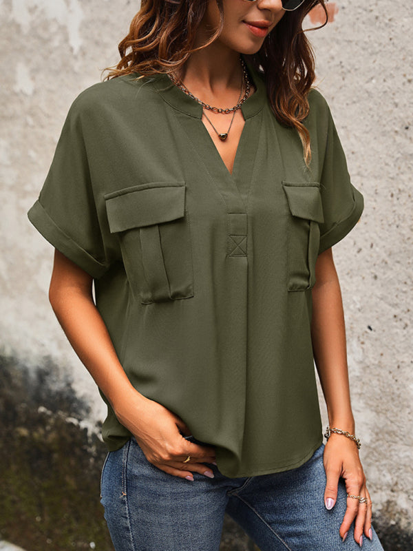New Solid Color V-Neck Elegant Commuter Shirt With Pockets