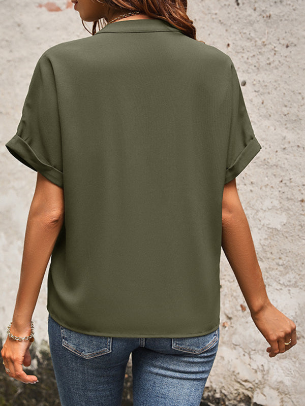 New Solid Color V-Neck Elegant Commuter Shirt With Pockets