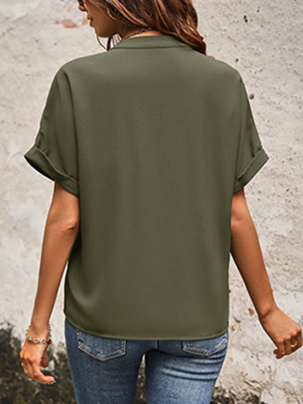 New Solid Color V-Neck Elegant Commuter Shirt With Pockets