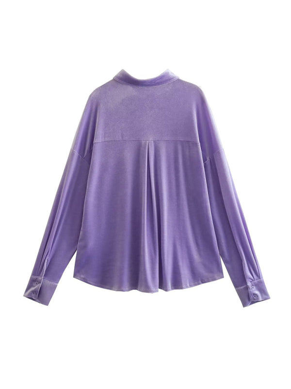 Alberta Women's Velvet Shirt Lapel Single Breasted Top