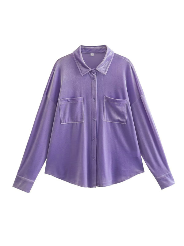 Alberta Women's Velvet Shirt Lapel Single Breasted Top