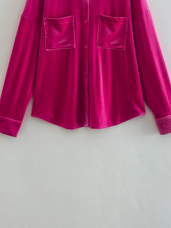 Alberta Women's Velvet Shirt Lapel Single Breasted Top