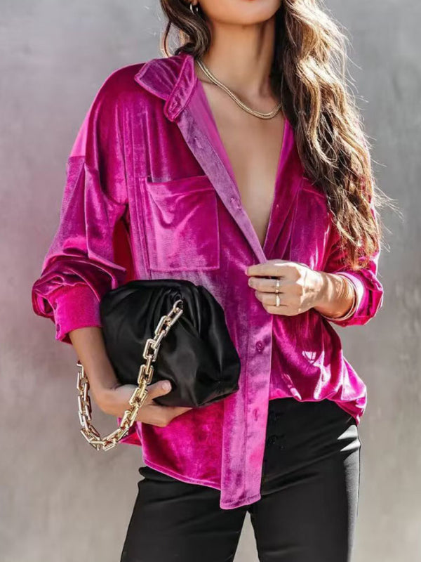 Alberta Women's Velvet Shirt Lapel Single Breasted Top