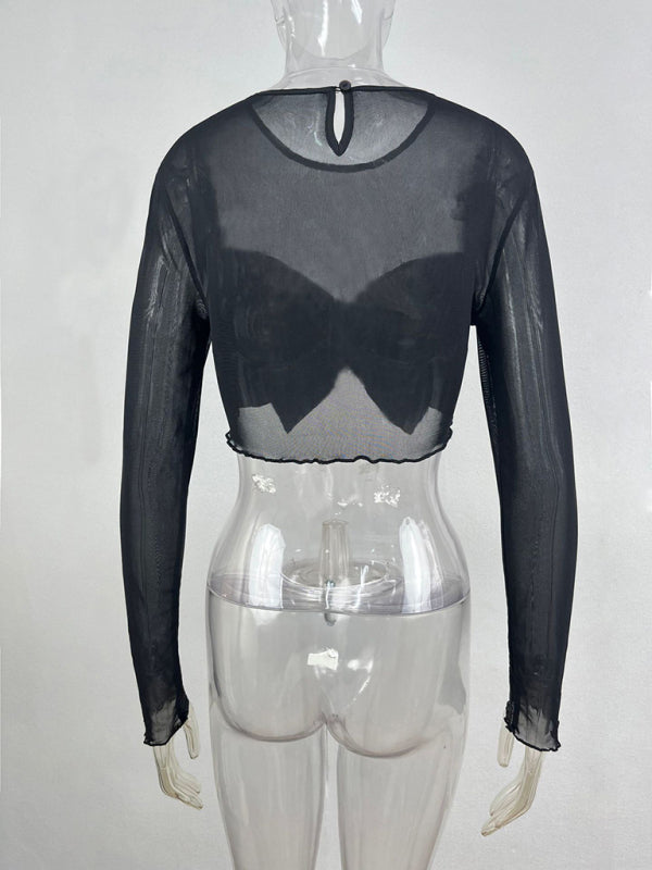 Aylin Women's New Fashionable Round Neck Big Bow Long-Sleeved Sexy See-Through Short Top