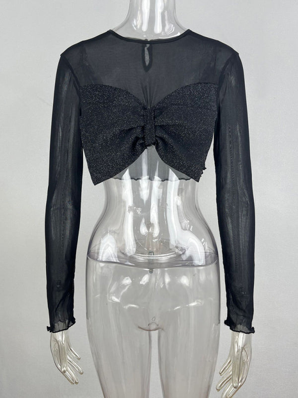 Aylin Women's New Fashionable Round Neck Big Bow Long-Sleeved Sexy See-Through Short Top