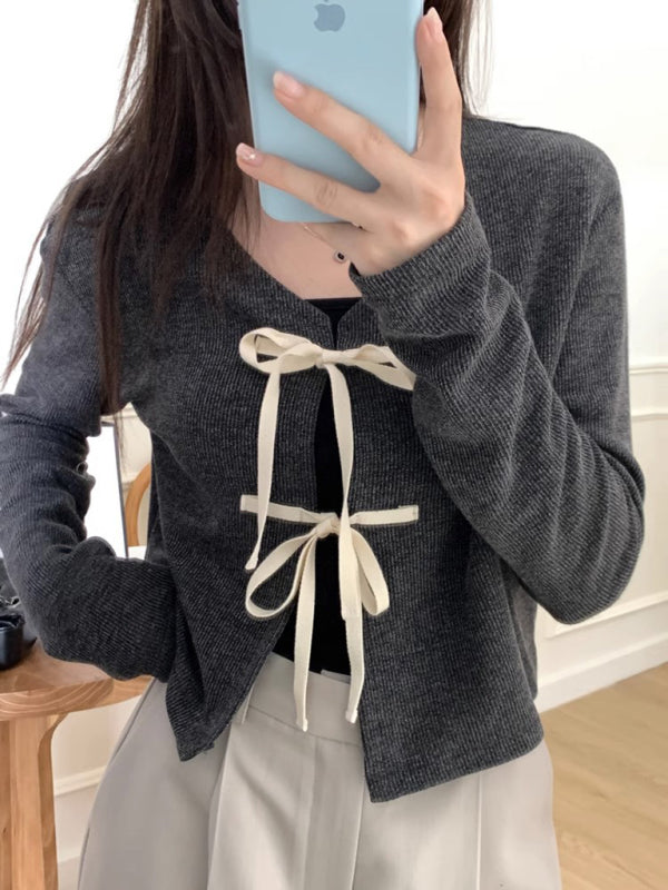 Elara Women's New Fashionable Bow Tie Knitted Cardigan Top
