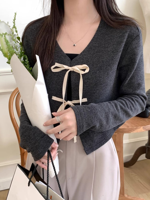 Elara Women's New Fashionable Bow Tie Knitted Cardigan Top