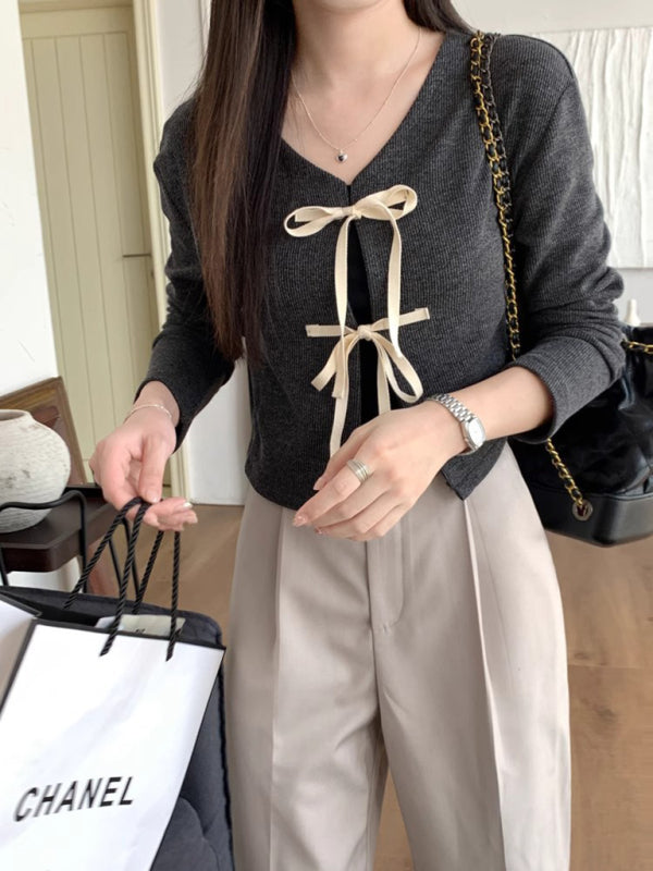 Elara Women's New Fashionable Bow Tie Knitted Cardigan Top