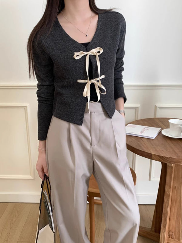 Elara Women's New Fashionable Bow Tie Knitted Cardigan Top