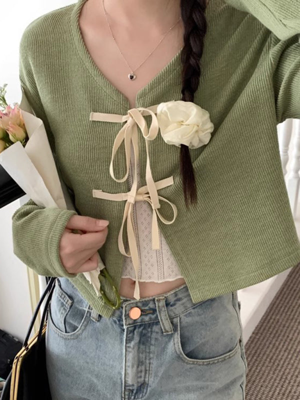 Elara Women's New Fashionable Bow Tie Knitted Cardigan Top