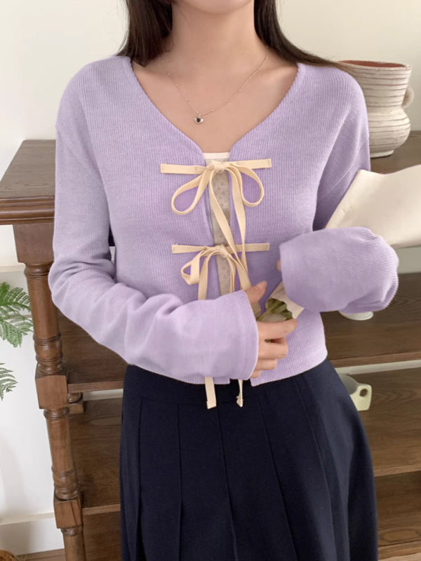 Elara Women's New Fashionable Bow Tie Knitted Cardigan Top