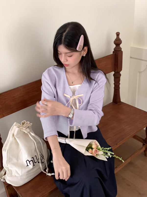 Elara Women's New Fashionable Bow Tie Knitted Cardigan Top