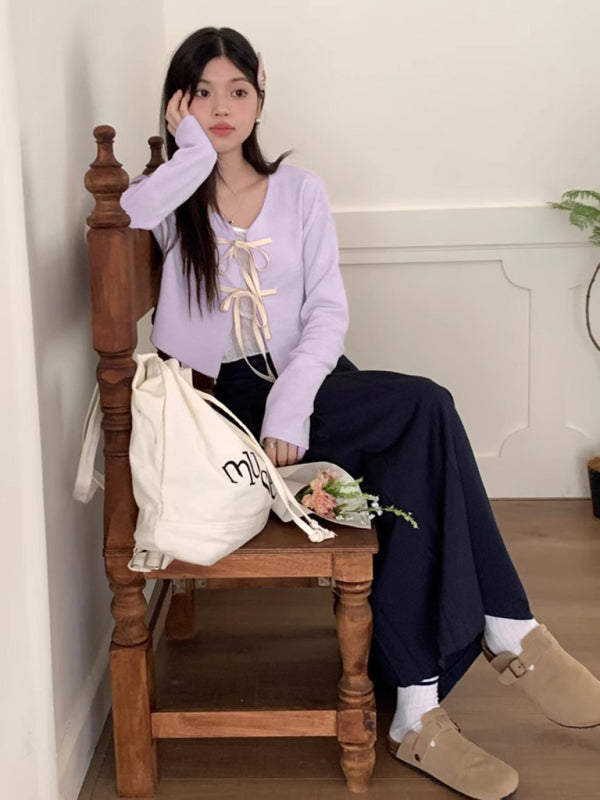 Elara Women's New Fashionable Bow Tie Knitted Cardigan Top