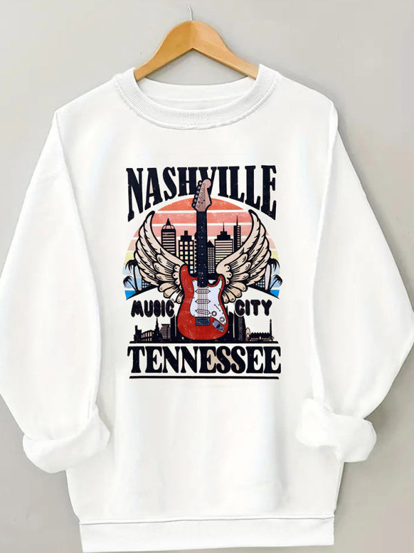 Bobbi Women's Wholesale Round Neck Casual Guitar Pattern Sweatshirt