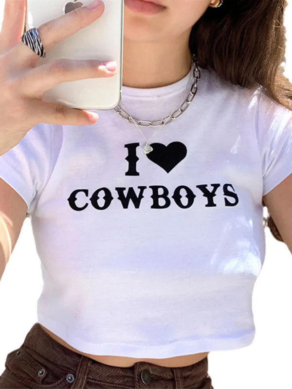 Angel Women's New Casual I Love Cowboys Versatile Letter Printed Short Top