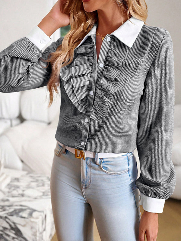 Darlena Women's Commuter Lapel Lace Patchwork Long-Sleeved Blouse