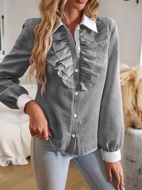 Darlena Women's Commuter Lapel Lace Patchwork Long-Sleeved Blouse