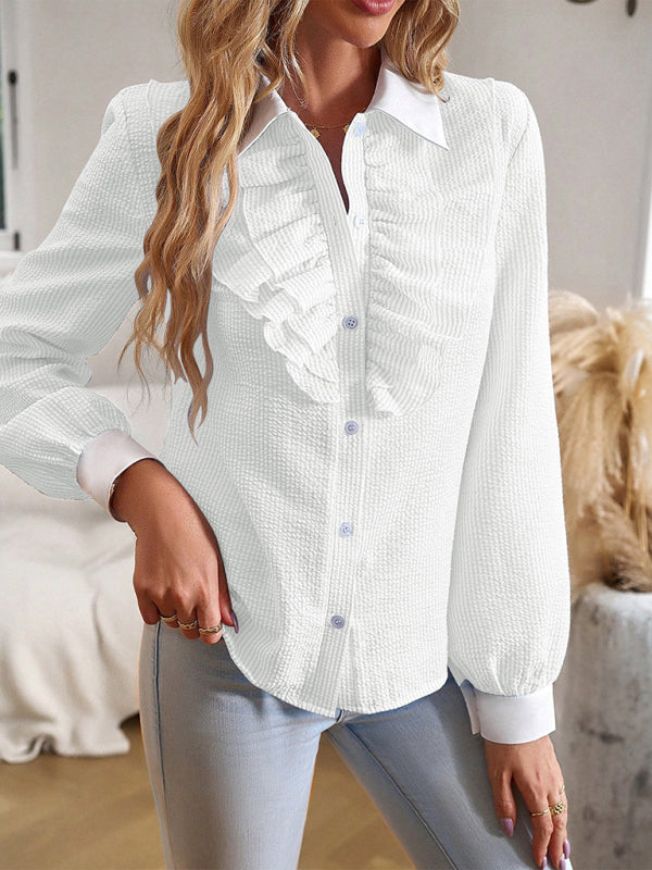 Darlena Women's Commuter Lapel Lace Patchwork Long-Sleeved Blouse