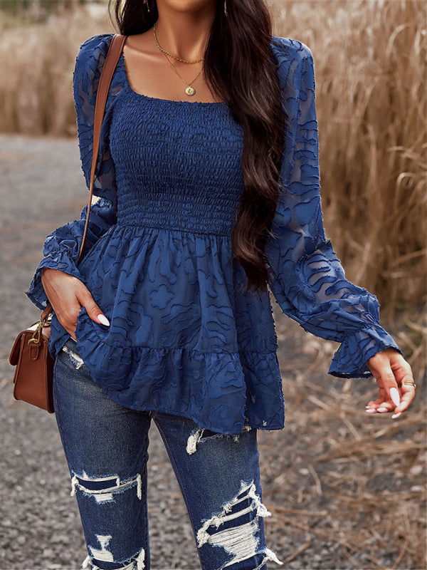 Electra Women's Bohemian Elegant Square Neck Long Sleeve Blouse