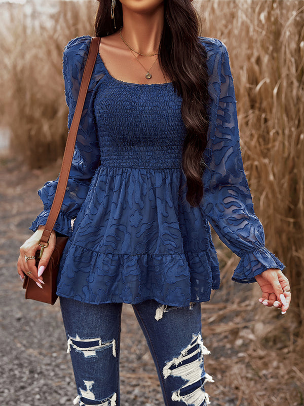 Electra Women's Bohemian Elegant Square Neck Long Sleeve Blouse
