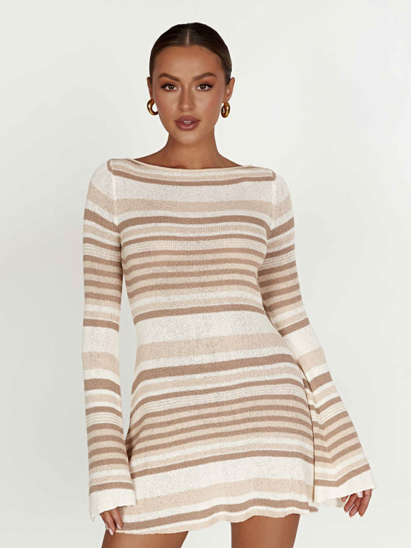 Eva Women's Bell Sleeves Backless Striped Slim Casual Knitted Dress