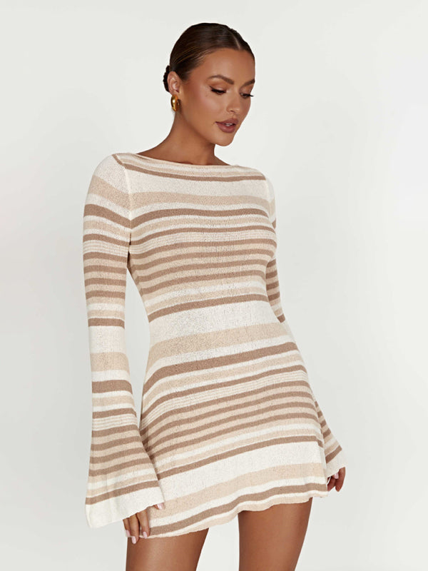 Eva Women's Bell Sleeves Backless Striped Slim Casual Knitted Dress