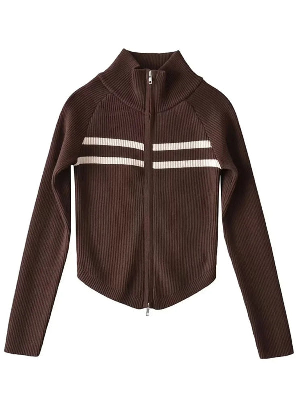 Iris Women's New Double-Ended Zipper Striped Waisted Curved Long-Sleeved Knitted Cardigan Jacket